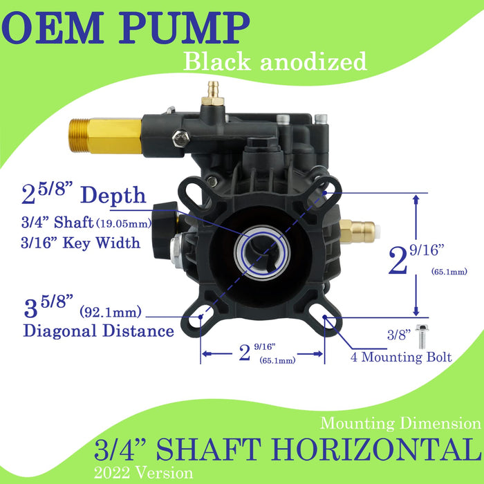 Hurotoms 3/4" Shaft Horizontal Anodized Pressure Washer Pump-3300 PSI @ 2.5 GPM-Universal OEM Pump for Most Brands of Gas Engine Power Washer Machine - Grill Parts America