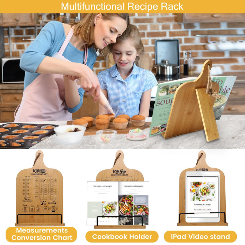 Femicgal Cookbook Stand for Kitchen Counter, Bamboo Cookbook Holder, Foldable Cook Book Holder, Adjustable Recipe Book Stand, Cook Book Stand with Measurement Conversion Chart - Grill Parts America