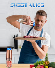Gravity Electric Pepper and Salt Grinder Set, Adjustable Coarseness, Battery Powered with LED Light, One Hand Automatic Operation, Stainless Steel Copper, 2 Pack - Grill Parts America