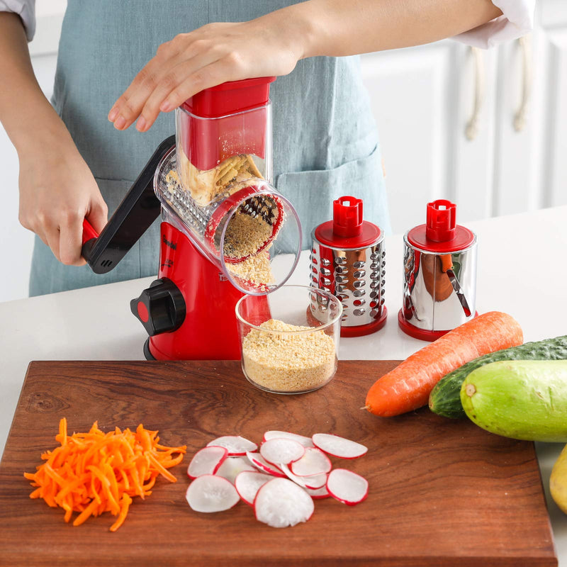 Geedel Rotary Cheese Grater, Kitchen Mandoline Vegetable Slicer with 3 Interchangeable Blades, Easy to Clean Grater for Fruit, Vegetables, Nuts - Grill Parts America