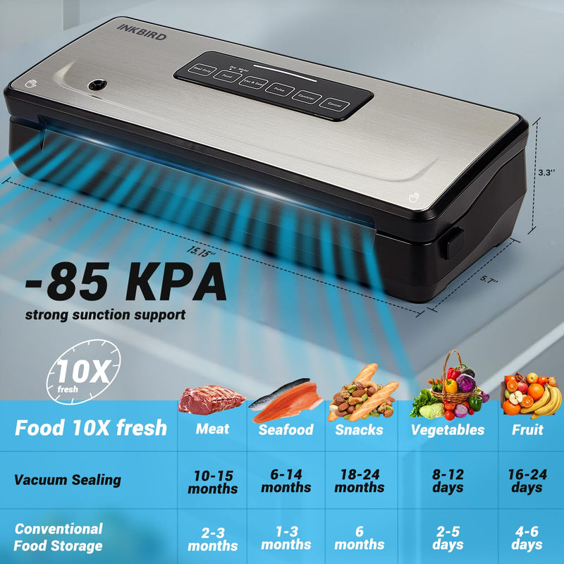 Food Vacuum Sealer Machine 10-In-1 with Bag Storage(Up to 20FT) and Cutter, INKBIRD Food Sealer Vacuum Sealer for Food with Moist/Dry/Canister 5 Food Modes, Starter Kits Bags*5 and Bag Roll*1, 85KPa - Grill Parts America