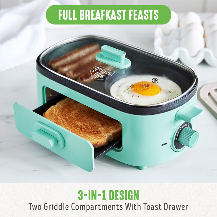GreenLife 3-in-1 Breakfast Maker Station, Healthy Ceramic Nonstick Dual Griddles for Eggs Meat Sausage Bacon Pancakes and Breakfast Sandwiches, 2 Slice Toast Drawer, Easy-to-use Timer, Turquoise - Grill Parts America