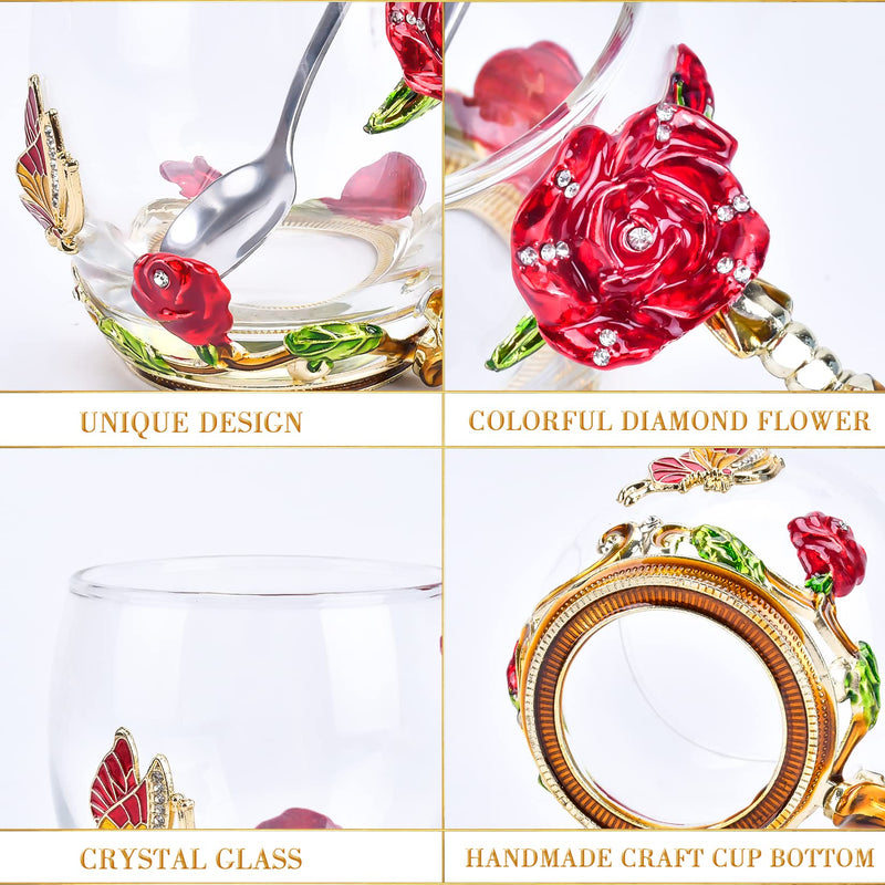 OEAGO Gifts for Mom Women Mothers Day Glass Coffee Enamels Mug Best Birthday Butterfly Rose Gifts for Her from Daughter Son Lead-Free Valentines Day Christmas Red Tea Cup with Spoon Set - Grill Parts America