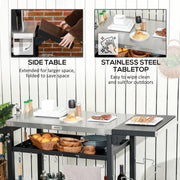 Outsunny Outdoor Grill Cart with Foldable Side Table, 46" x 21.75" Multifunctional Stainless Steel Pizza Oven Stand with Three-Shelf, Movable Food Prep Table on Wheels, Black - Grill Parts America
