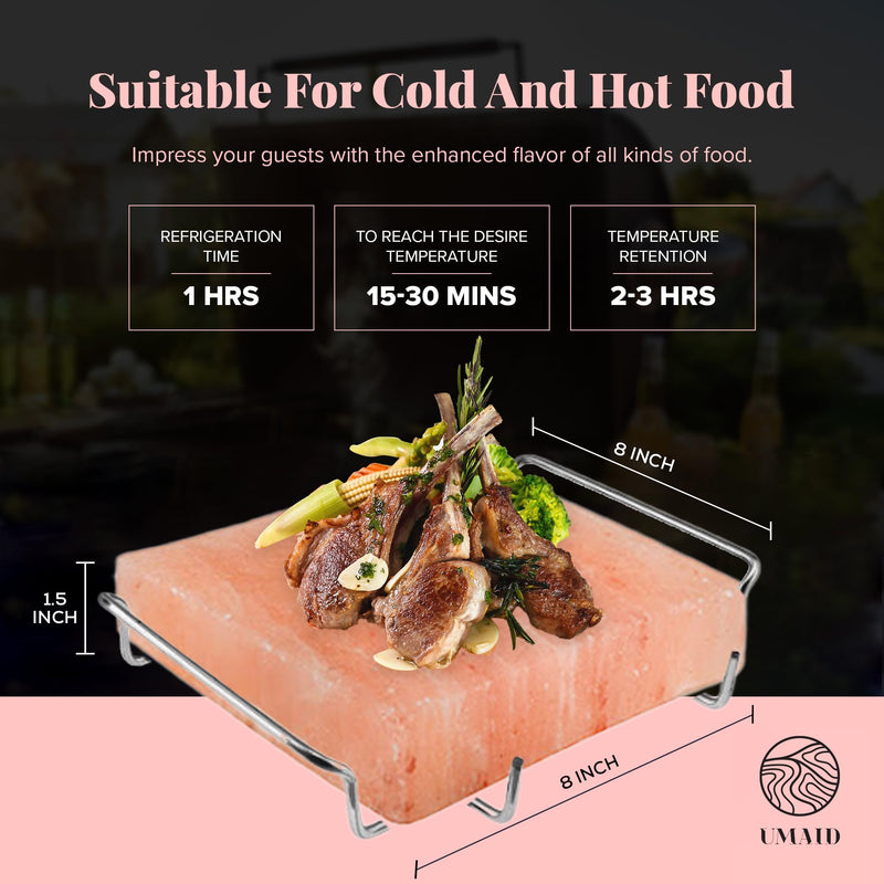 UMAID Himalayan Salt Block For Grilling, Cooking, Cutting and Serving,8X8X1.5 Food Grade Himalayan Pink Salt Stone on Stainless Steel Plate & Recipe Pamphlet, Unique Gifts for Men, Women, Chef, Cooks - Grill Parts America