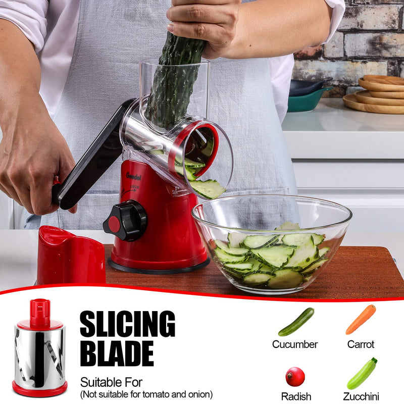 Geedel Rotary Cheese Grater, Kitchen Mandoline Vegetable Slicer with 3 Interchangeable Blades, Easy to Clean Grater for Fruit, Vegetables, Nuts - Grill Parts America