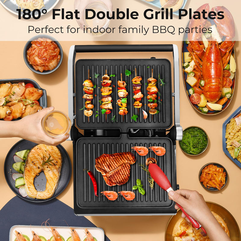 Giantex Panini Press Sandwich Maker, 3-in-1 Electric Indoor Grill, 2 Removable & Dishwasher Safe Non-Stick Plates, Drip Tray, 5 Auto Modes, Upper & Lower Independent Temperature Control, 4 H Timer - Grill Parts America