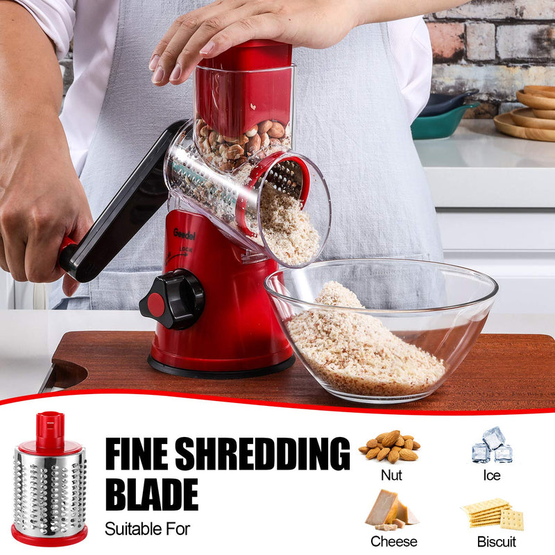 Geedel Rotary Cheese Grater, Kitchen Mandoline Vegetable Slicer with 3 Interchangeable Blades, Easy to Clean Grater for Fruit, Vegetables, Nuts - Grill Parts America