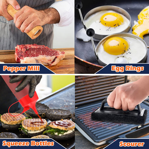18Pcs Griddle Accessories Set, Joyfair Stainless Steel Flat Top Grill Spatula Kit for Outdoor Barbecue Teppanyaki Camping Cooking, Included Melting Dome, Burger Turner, Carrying Bag and More Tools - Grill Parts America