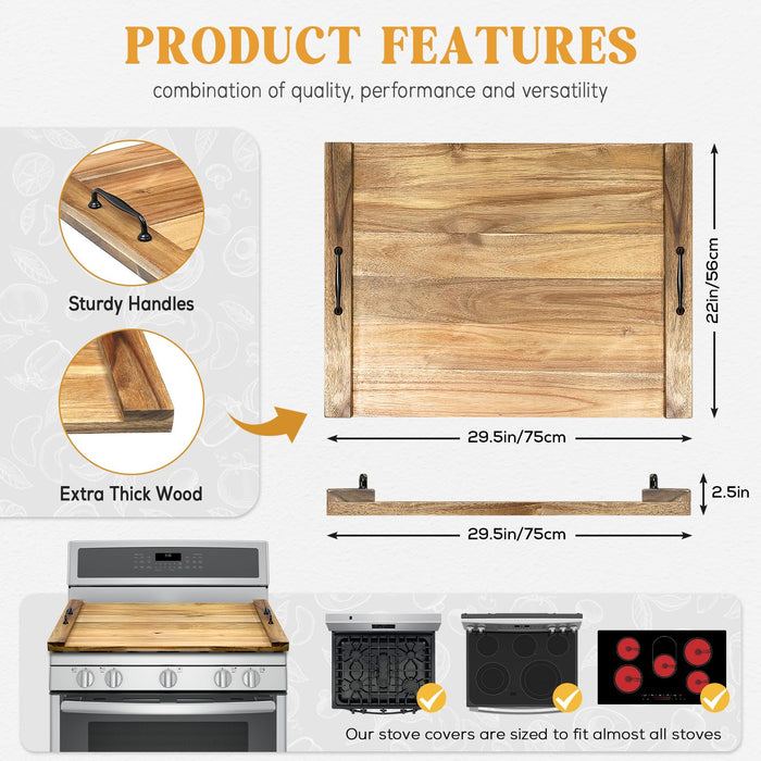 GASHELL Noodle Board Stove Cover with Handles for Electric, Gas Stove Top (Acacia Wood) - Grill Parts America