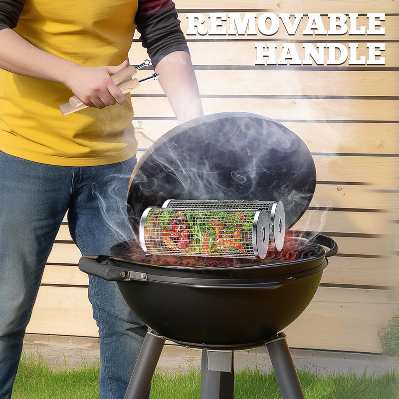 Ivtivfu Nesting Grill Baskets (2PCS), Removable Wooden Handle, 304 Stainless Steel, Rolling Grilling Net, BBQ Accessories Tools for Vegetables Shrimp, Outdoor Cooking Camping, Gifts for Men Dad Husband - Grill Parts America