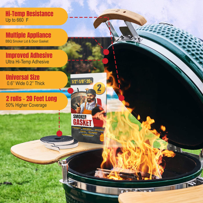Smoker Chef XXL 20 FT Grill Gasket for Smokers - Black 1/2’’ x 1/8’’ Hi Temp Seal Smoker Gasket – 2-Pack x 10 FT Self Stick Black Nomex Fire Tape for BBQ Lid – High Heat Temperature Material Replace - Grill Parts America