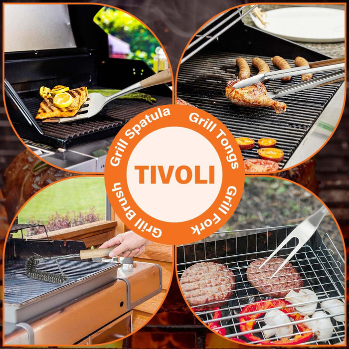 TIVOLI Grill Set 4PC BBQ Tools Set Grill Accessories with BBQ Spatula, BBQ Clips, Brushes, BBQ Forks Heavy Duty Grill Kit Grill Tools for Outdoor Grill with Wood Handles Gift Ideas for Dad Man - Grill Parts America