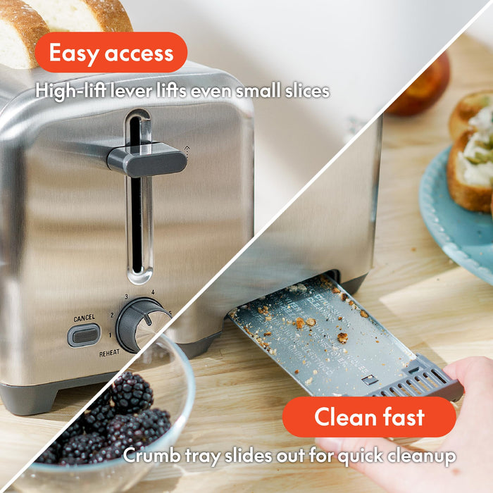 bella Stainless Steel 2 Slice Toaster with Extra Wide Slots & Removable Crumb Tray, 6 Browning Options, Auto Shut Off & Reheat Function, Toast Bread, Bagel & Waffle - Grill Parts America