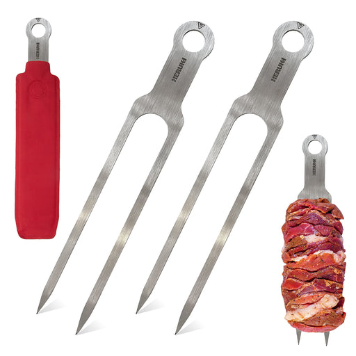 HERUKI Double Skewers 14.4" Stainless Steel Heavy Duty Double Prong Skewers for BBQ Kabob Shawarma Meat Fish Chicken Reusable bbq Accessories for Grill Master Arsenal - 2 Units - Grill Parts America