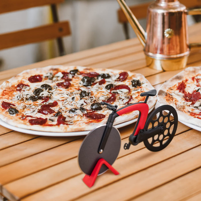 Aijohnny Bicycle Pizza Cutter Wheel with Holder, Robust Bicycle Shape 2.4” Stainless Steel Pizza Knife, Frosted Surface Non-Stick & Sharp Blades, Pizza Slicer Funny Kitchen Gadget (Red) - Grill Parts America
