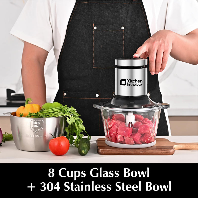 Kitchen in the box Food Processors,Small Meat Grinder & Food Chopper Electric Vegetable Chopper with 2 Bowls (8 Cup+8 Cup)& 2 Bi-Level Blades for Meat/fish/Vegetable/Baby Food (Black, 8cups+8cups) - Grill Parts America