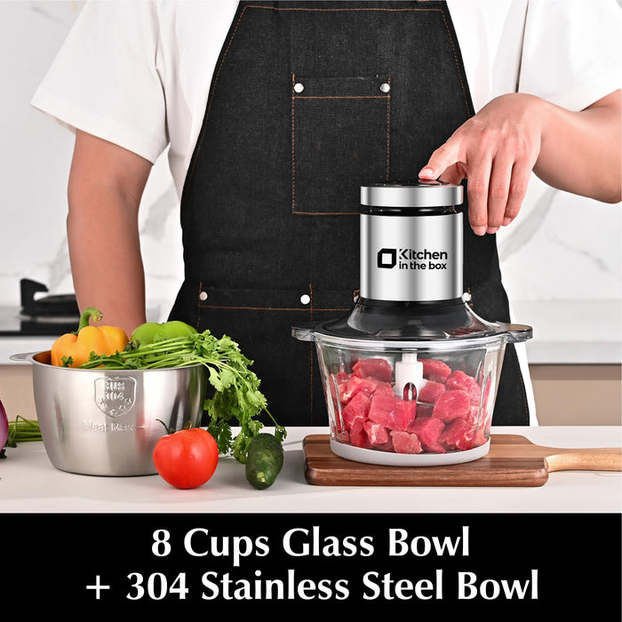 Kitchen in the box Food Processors,Small Meat Grinder & Food Chopper Electric Vegetable Chopper with 2 Bowls (8 Cup+8 Cup)& 2 Bi-Level Blades for Meat/fish/Vegetable/Baby Food (Black, 8cups+8cups) - Grill Parts America