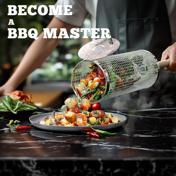 Ivtivfu Nesting Grill Baskets (2PCS), Removable Wooden Handle, 304 Stainless Steel, Rolling Grilling Net, BBQ Accessories Tools for Vegetables Shrimp, Outdoor Cooking Camping, Gifts for Men Dad Husband - Grill Parts America