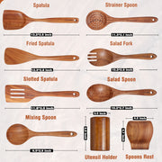 Mooues 9 Piece Natural Teak Wooden Kitchen Utensil Set with Spoon Rest - Comfort Grip Cooking Spoons and Utensils Holder - Grill Parts America