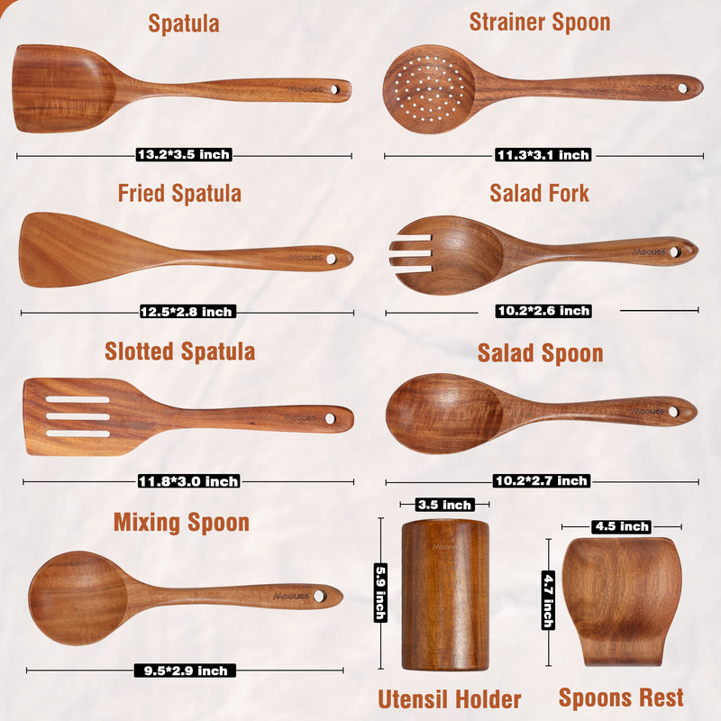 Mooues 9 Piece Natural Teak Wooden Kitchen Utensil Set with Spoon Rest - Comfort Grip Cooking Spoons and Utensils Holder - Grill Parts America