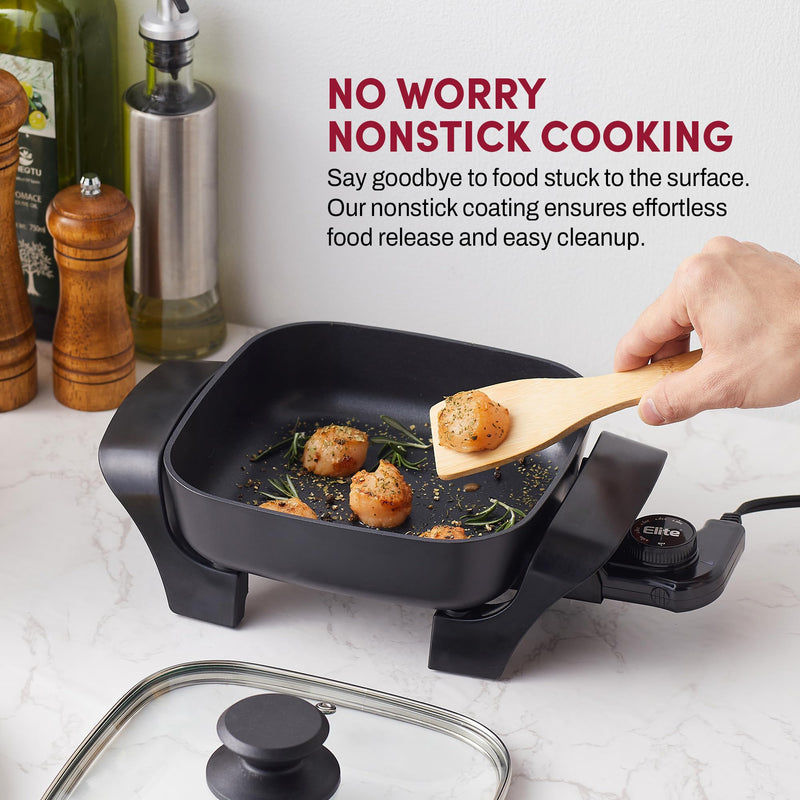 Elite Gourmet EG808 8” x 8" Non-stick Electric Skillet, Dishwasher Safe with Tempered Glass Vented Lid, Rapid Heat Up, 600W, Black - Grill Parts America