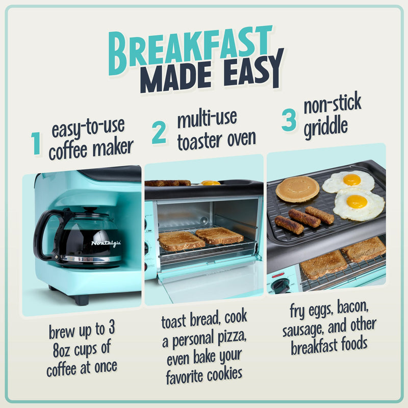 Nostalgia 3-in-1 Breakfast Station - Includes Coffee Maker, Non-Stick Griddle, and 4-Slice Toaster Oven - Versatile Breakfast Maker with Timer - Aqua - Grill Parts America