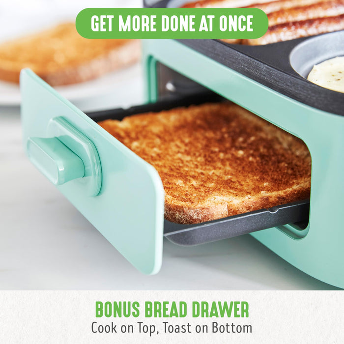 GreenLife 3-in-1 Breakfast Maker Station, Healthy Ceramic Nonstick Dual Griddles for Eggs Meat Sausage Bacon Pancakes and Breakfast Sandwiches, 2 Slice Toast Drawer, Easy-to-use Timer, Turquoise - Grill Parts America