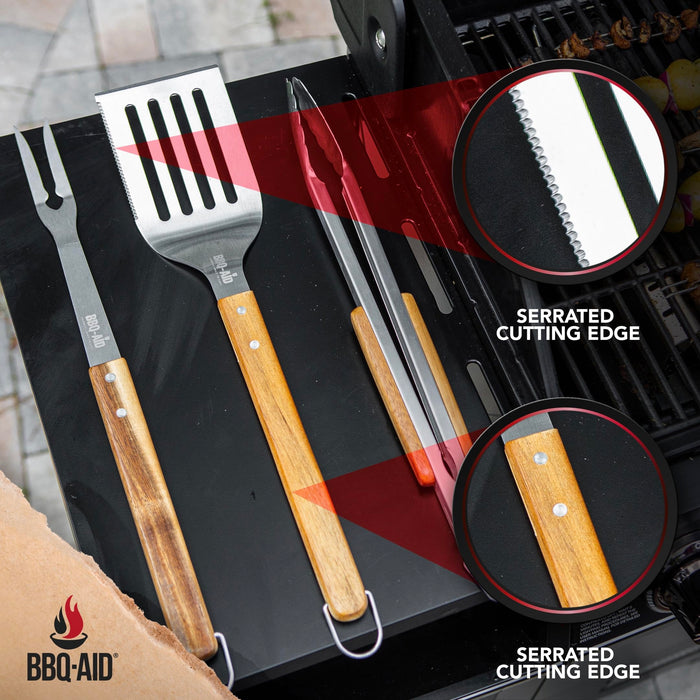 BBQ-AID 3 Piece Grill Set BBQ Accessories - Kitchen Tongs, Metal Spatula & Fork Utensils - Heavy Duty Stainless Steel Barbecue Grill Utensils for Outdoor Grill with Solid Sturdy Wood Handles - Grill Parts America