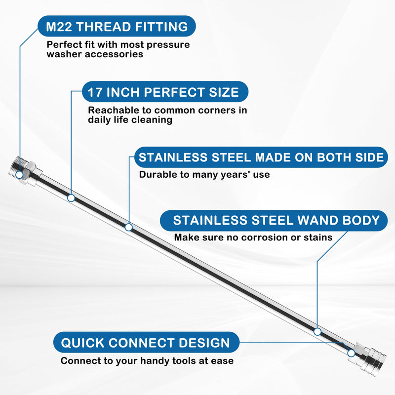 PWACCS Pressure Washer Wand Extension Kit — Dual Stainless Steel Power Washer Lance for Pressure Washing Accessories — M22 to 1/4" Quick Connect — 17 Inch Both - Grill Parts America