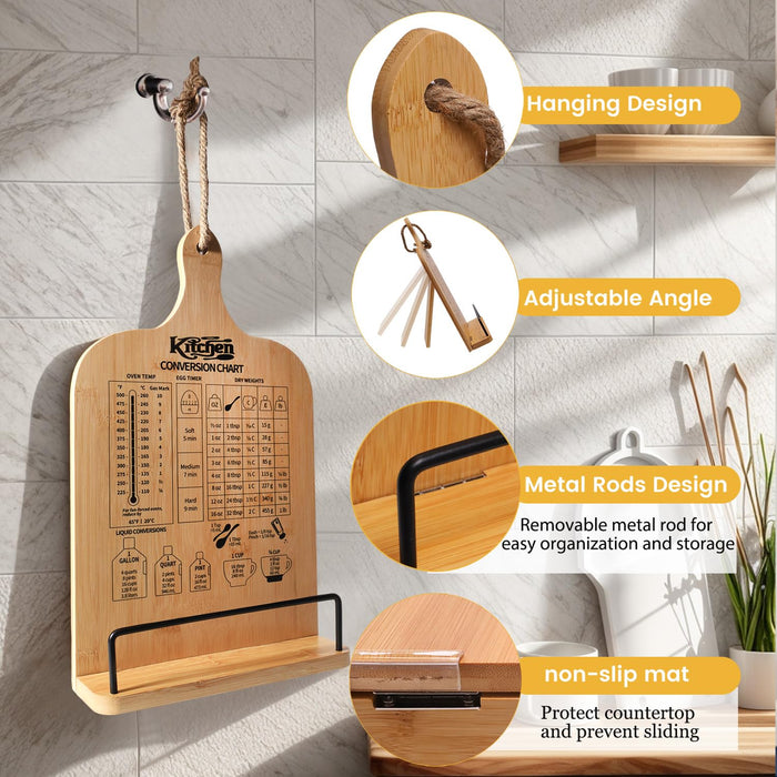 Femicgal Cookbook Stand for Kitchen Counter, Bamboo Cookbook Holder, Foldable Cook Book Holder, Adjustable Recipe Book Stand, Cook Book Stand with Measurement Conversion Chart - Grill Parts America
