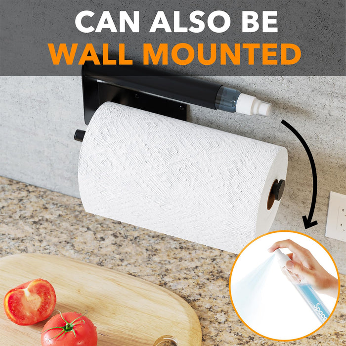 SpaceAid SprayNeat 2 in 1 Paper Towel Holder with Spray Bottle, Under Cabinet Paper Towels Holders with Sprayer Inside, Hanging Wall Mount Papertowels Roller for Kitchen (Black) - Grill Parts America
