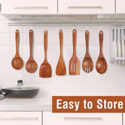 Mooues 9 Piece Natural Teak Wooden Kitchen Utensil Set with Spoon Rest - Comfort Grip Cooking Spoons and Utensils Holder - Grill Parts America