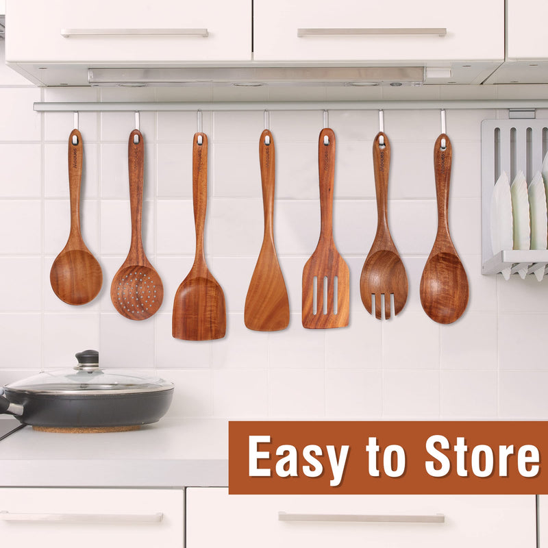 Mooues 9 Piece Natural Teak Wooden Kitchen Utensil Set with Spoon Rest - Comfort Grip Cooking Spoons and Utensils Holder - Grill Parts America