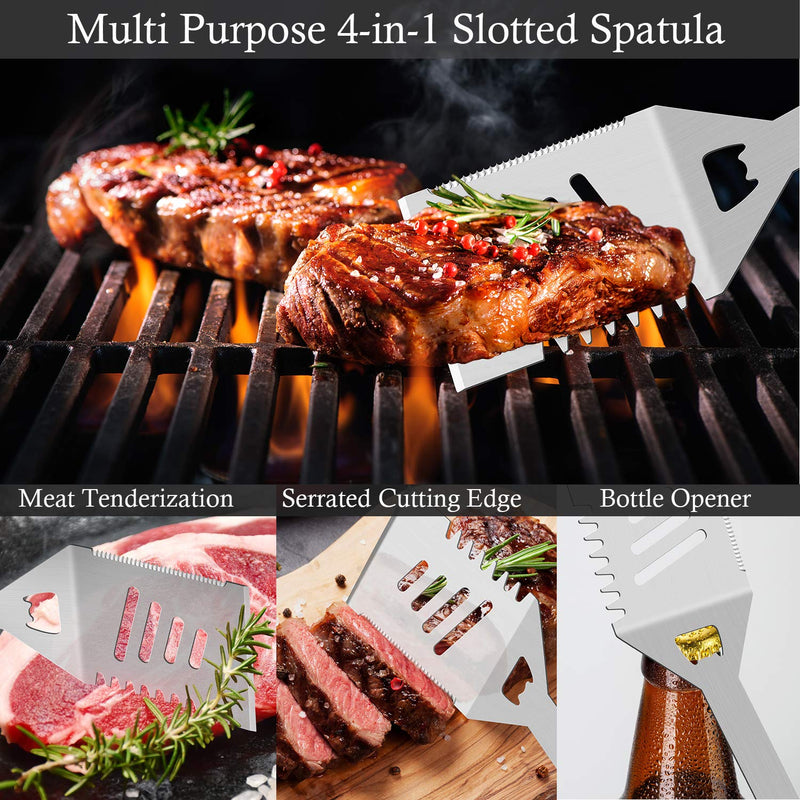 ROMANTICIST 30pcs Stainless Steel Grill Tool Set, Heavy Duty BBQ Grilling Accessories for Men Women, Non-Slip Grill Utensils Kit with Thermometer Mats in Aluminum Case for Outdoor, Camping Silver - Grill Parts America