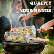 Ivtivfu Nesting Grill Baskets (2PCS), Removable Wooden Handle, 304 Stainless Steel, Rolling Grilling Net, BBQ Accessories Tools for Vegetables Shrimp, Outdoor Cooking Camping, Gifts for Men Dad Husband - Grill Parts America