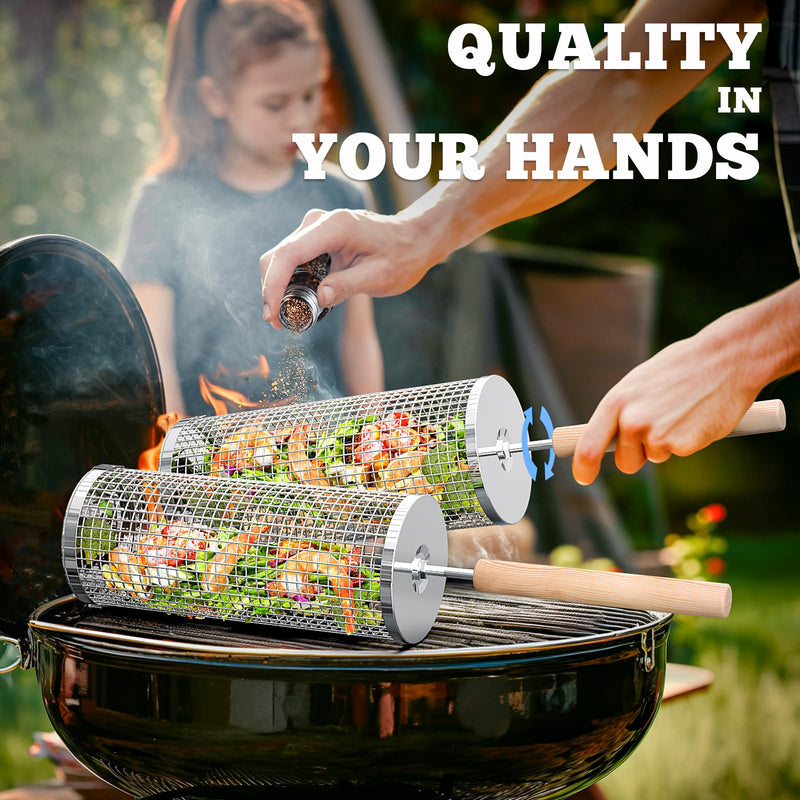 Ivtivfu Nesting Grill Baskets (2PCS), Removable Wooden Handle, 304 Stainless Steel, Rolling Grilling Net, BBQ Accessories Tools for Vegetables Shrimp, Outdoor Cooking Camping, Gifts for Men Dad Husband - Grill Parts America