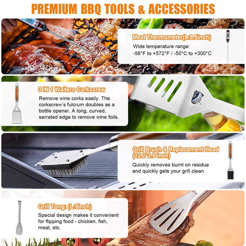 Cifaisi BBQ Grill Utensils Set for Camping/Backyard, 38Pcs Stainless Steel Grill Tools Grilling Accessories with Barbecue Mats, Aluminum Case, Thermometer for Men Women - Grill Parts America