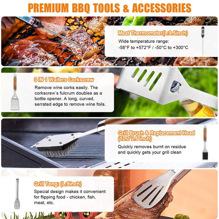 Cifaisi BBQ Grill Utensils Set for Camping/Backyard, 38Pcs Stainless Steel Grill Tools Grilling Accessories with Barbecue Mats, Aluminum Case, Thermometer for Men Women - Grill Parts America