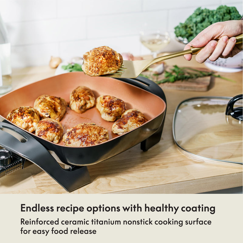 BELLA Electric Skillet and Frying Pan with Glass Lid, Nonstick Coating, Cool Touch Handles, Removable Heating Probe, Dishwasher Safe, 12 x 12 inch, Copper - Grill Parts America