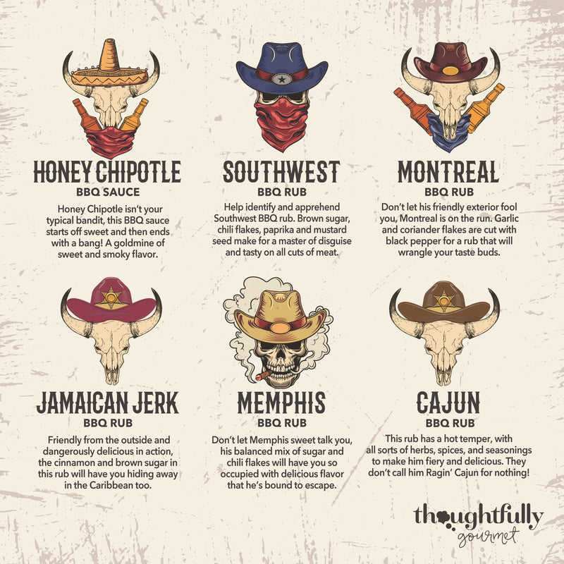 Thoughtfully Gourmet, Wild Western-Themed BBQ Sauce and Rubs Book Gift Set, Includes Honey BBQ, Montreal BBQ Rub & More, Great Gift for Men, Set of 12 - Grill Parts America