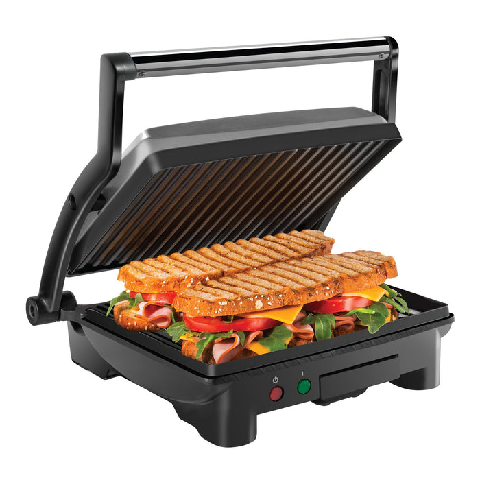 Chefman Panini Press Grill and Gourmet Sandwich Maker Non-Stick Coated Plates, Opens 180 Degrees to Fit Any Type or Size of Food, Stainless Steel Surface and Removable Drip Tray, 4 Slice, Black - Grill Parts America