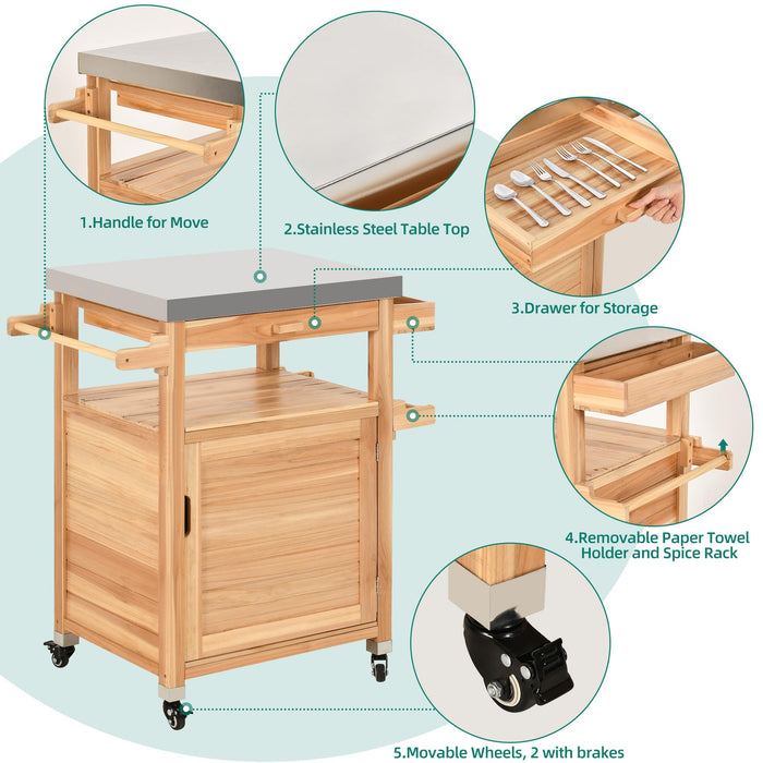 YITAHOME Outdoor Grill Cart with Stainless Steel Top, Solid Wood Movable Bar Cart with Drawer and Storage Cabinet, Outdoor Kitchen Prep Table for Garden, Lawn, Patio, Backyard, Natural - Grill Parts America