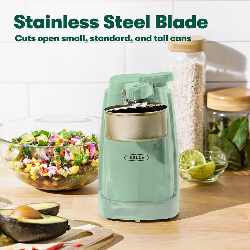 BELLA Electric Can Opener and Knife Sharpener, Multifunctional Jar and Bottle Opener with Removable Cutting Lever and Cord Storage, Stainless Steel Blade, Sage - Grill Parts America
