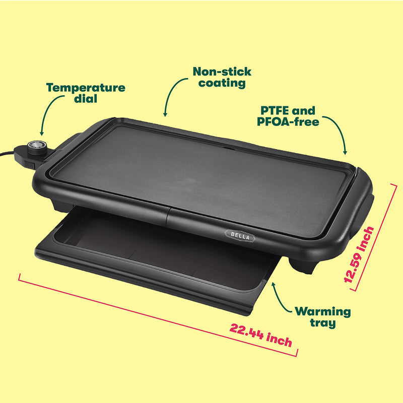 bella Electric Griddle with Warming Tray - Smokeless Indoor Grill, Nonstick Surface, Adjustable Temperature & Cool-touch Handles, 10" x 18", Copper/Black - Grill Parts America