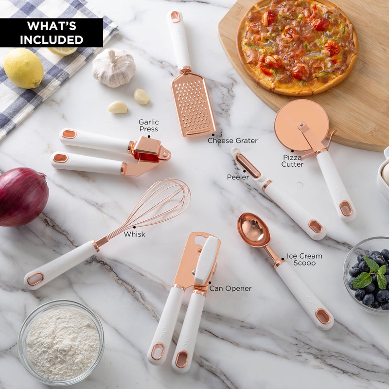 COOK WITH COLOR Kitchen Gadget Set Stainless Steel Utensils with Soft Touch Handles, 7 Pc. Copper, White - Grill Parts America
