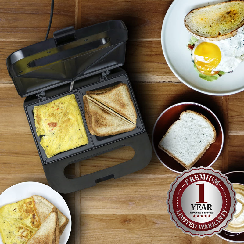 OVENTE Electric Sandwich Maker with Non-Stick Plates, Indicator Lights, Cool Touch Handle, Easy to Clean and Store, Perfect for Cooking Breakfast, Grilled Cheese, Tuna Melts and Snacks, Black GPS401B - Grill Parts America