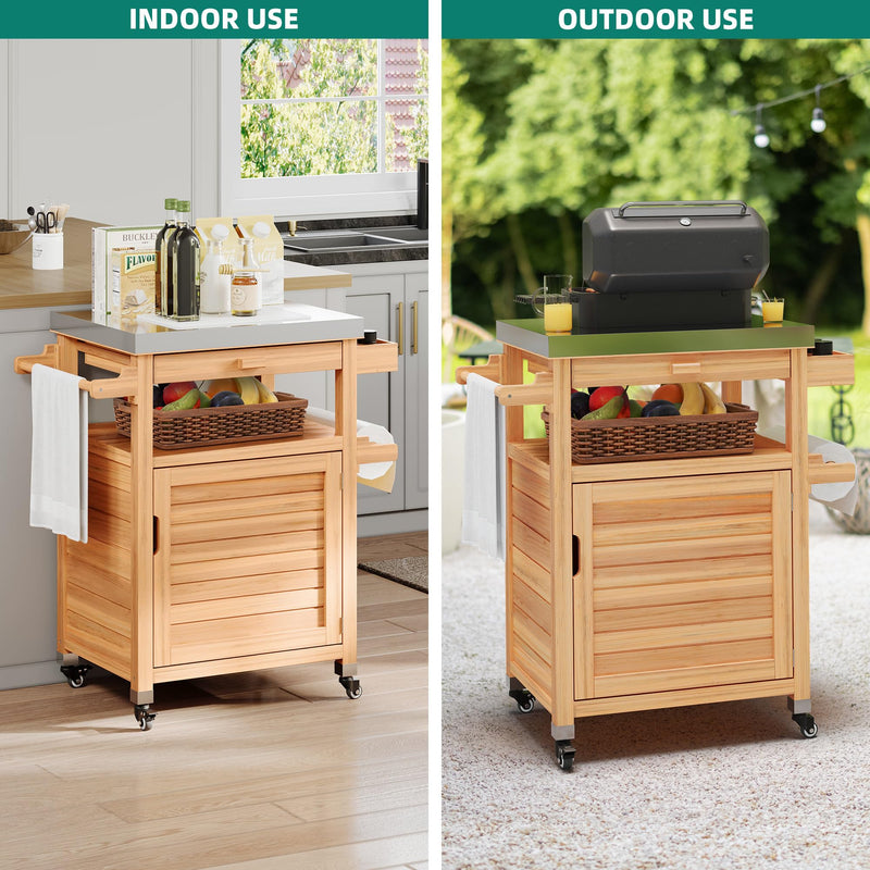 YITAHOME Outdoor Grill Cart with Stainless Steel Top, Solid Wood Movable Bar Cart with Drawer and Storage Cabinet, Outdoor Kitchen Prep Table for Garden, Lawn, Patio, Backyard, Natural - Grill Parts America