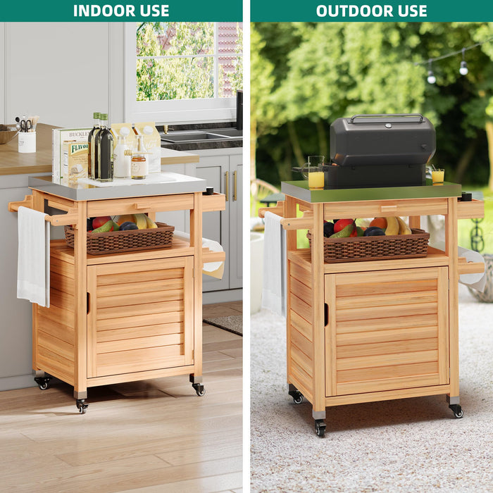 YITAHOME Outdoor Grill Cart with Stainless Steel Top, Solid Wood Movable Bar Cart with Drawer and Storage Cabinet, Outdoor Kitchen Prep Table for Garden, Lawn, Patio, Backyard, Natural - Grill Parts America