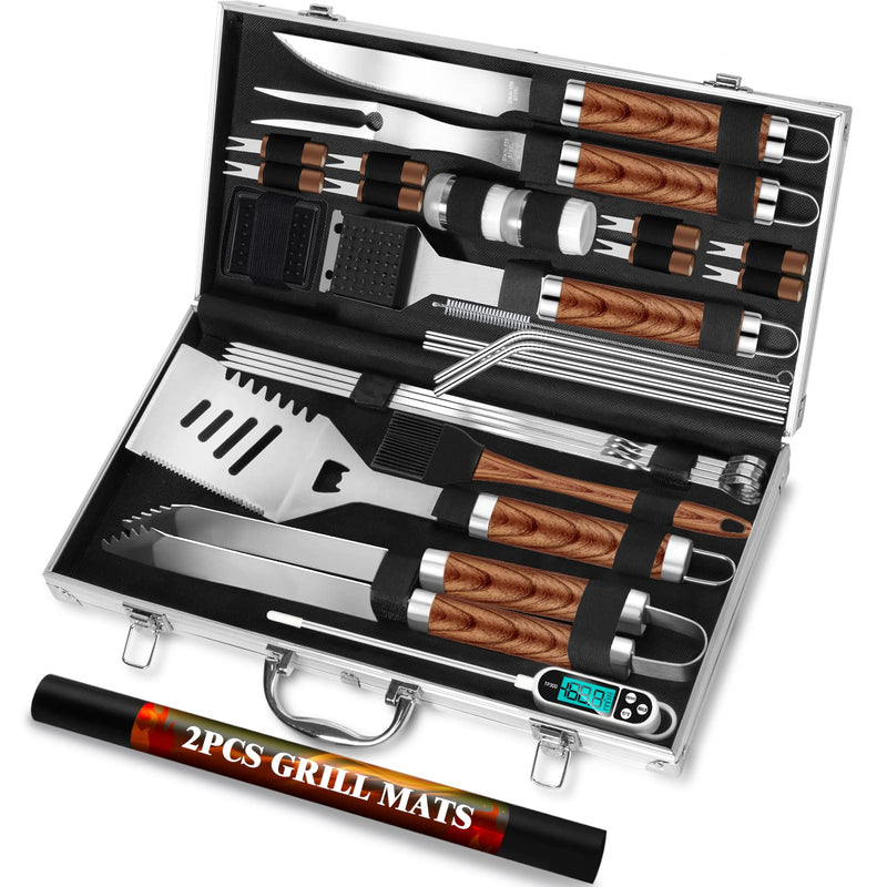 ROMANTICIST 30pcs BBQ Grill Tool Set for Men Dad, Heavy Duty Stainless Steel Grill Utensils Set, Non-Slip Grilling Accessories Kit with Thermometer, Mats in Aluminum Case for Travel, Outdoor Brown - Grill Parts America
